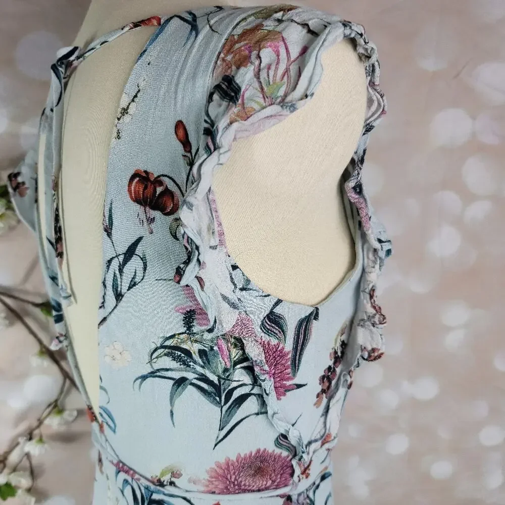 WILLOW & CLAY Blue Granny Floral Print Wrap Midi Dress Ruffle Sleeve Boho Chic